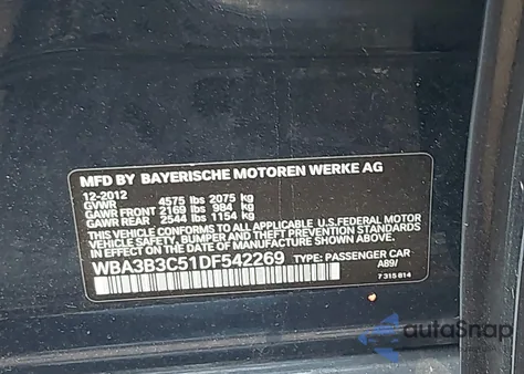 2013 BMW 3 Series xDrive из США, поврежденный, VIN WBA3B3C51DF542269